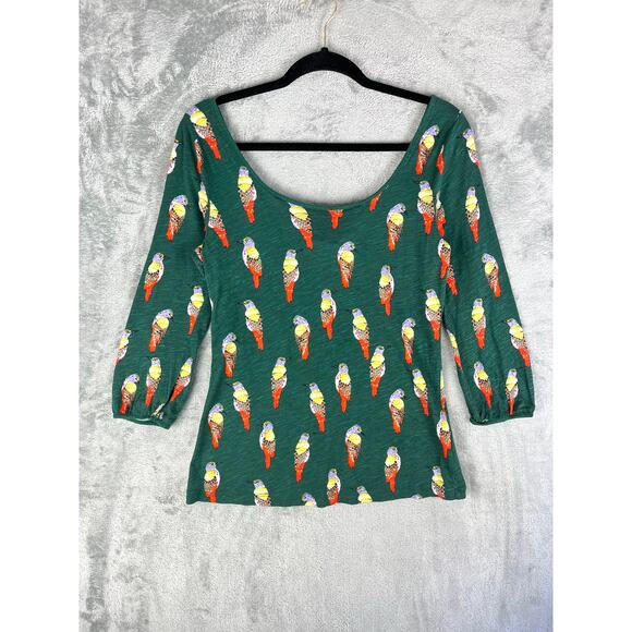Anthropologie Postmark Forest Fete Scoop Neck Bird Print Top Medium 3/4 Sleeve - Picture 1 of 13